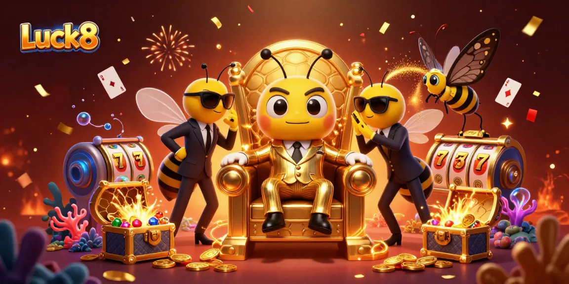 Experience Luck8's thrilling casino vibe with a 3D bumblebee mob boss in a dynamic gaming scene.