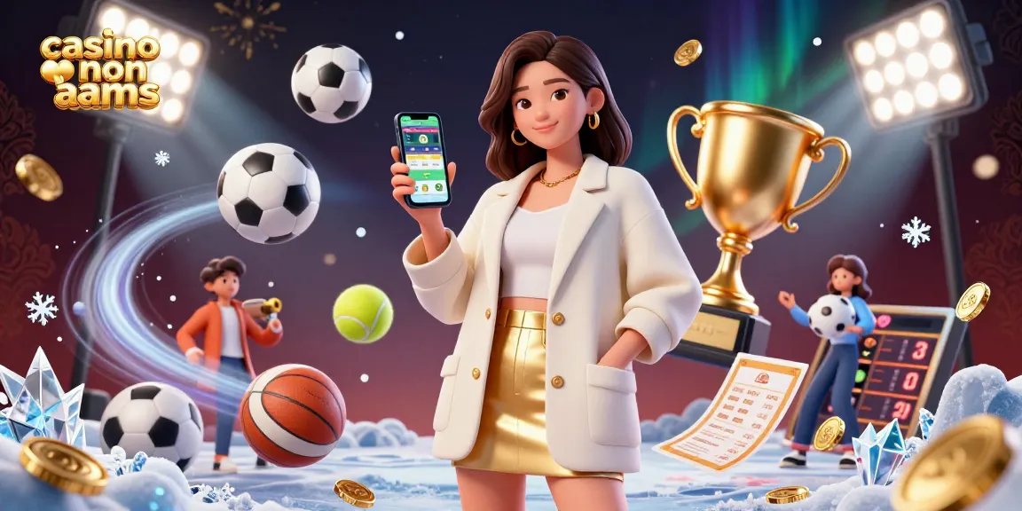 Scena coinvolgente di una donna amichevole che mostra l'app di scommesse live dei casinò non AAMS sul suo telefono, circondata da elementi sportivi dinamici.