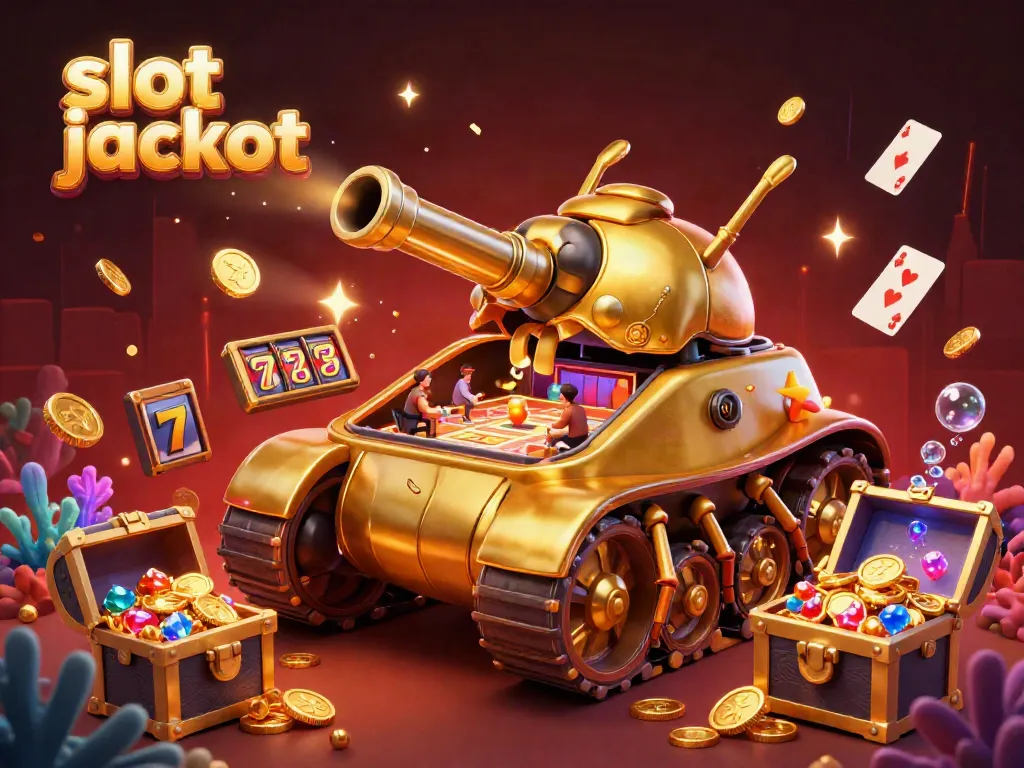 Engage with slot jackpot excitement in a vibrant 3D animation showcasing a golden beetle tank mini casino.