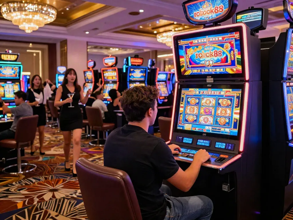 Player engaging with the rokok88 slot machine in an exciting casino atmosphere.