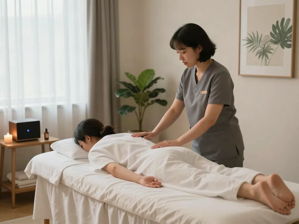 Relaxing 강남출장안마 session in a serene wellness environment with soothing elements