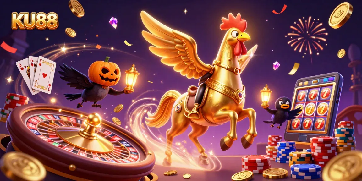 Engage in exhilarating gaming sessions with KU88, featuring a lively 3D casino illustration.