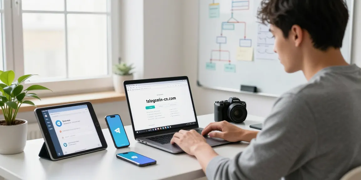 Sleek home office setup showcasing telegramin-cn.com on laptop with productivity tools and a cozy atmosphere.