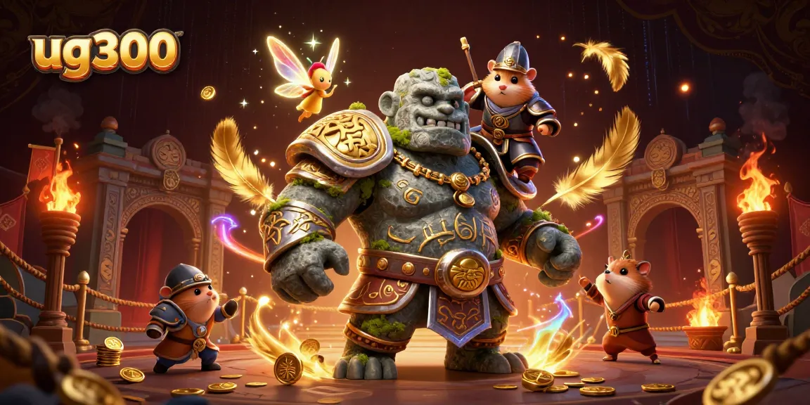 Menangkan permainan di ug300 bersama penjaga golem kuno dan putri peri dalam arena bertema kasino.