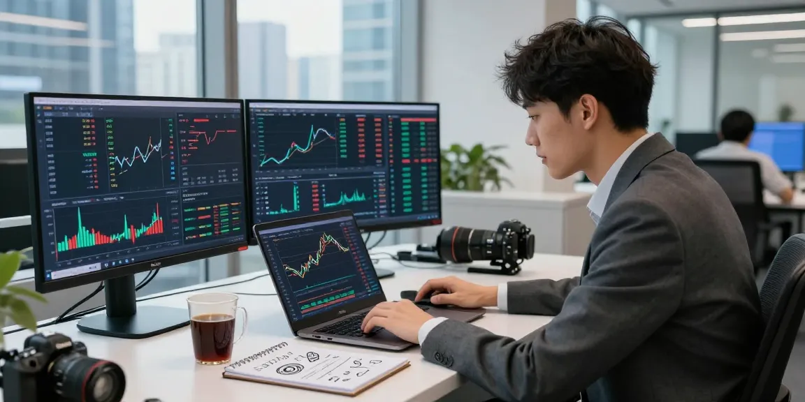 Young trader analyzing market trends on OKX crypto exchange in a modern office environment.