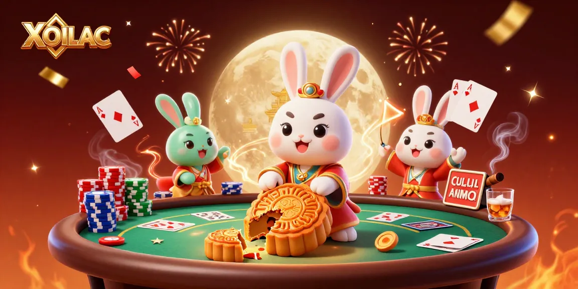 Watch XOILAC TV's 3D moon rabbit character engaging in high-stakes poker action amidst a vibrant casino scene.