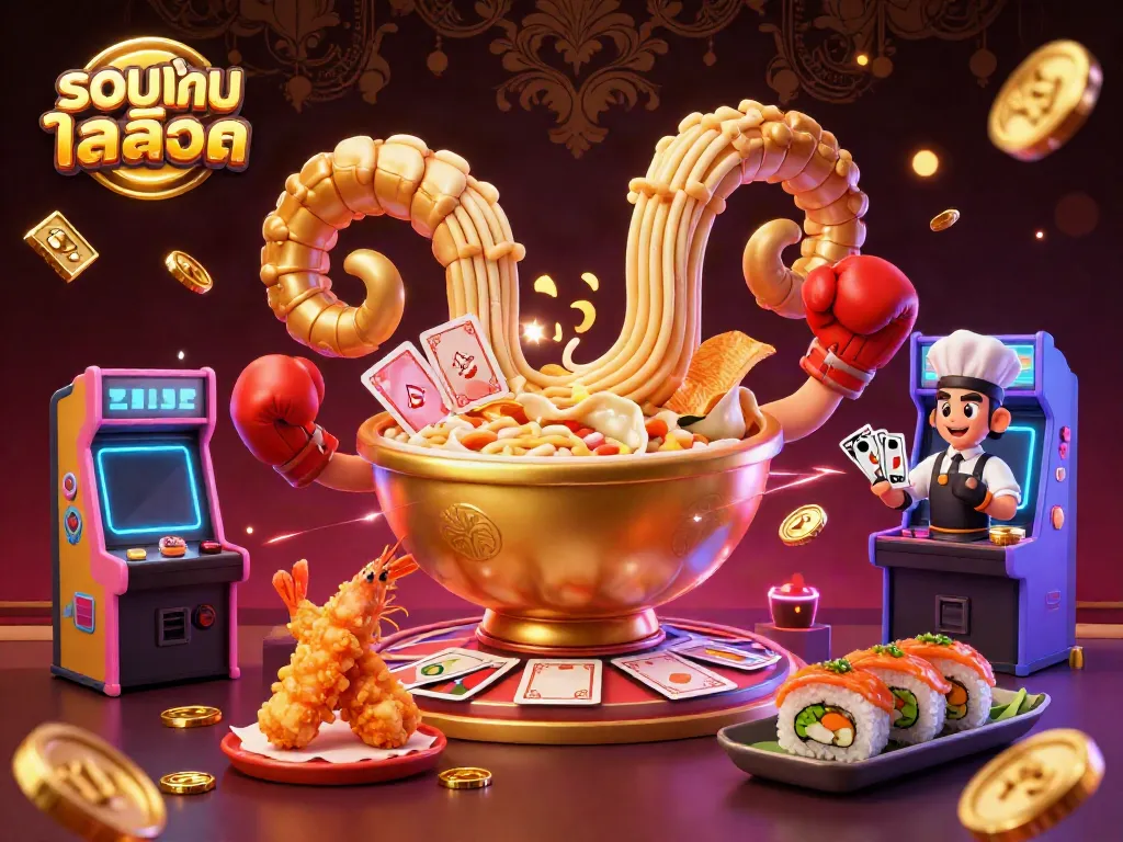 Experience รวมเกมสล็อต with an engaging illustration featuring a ramen bowl dealer, vibrant game elements, and dynamic casino atmosphere.