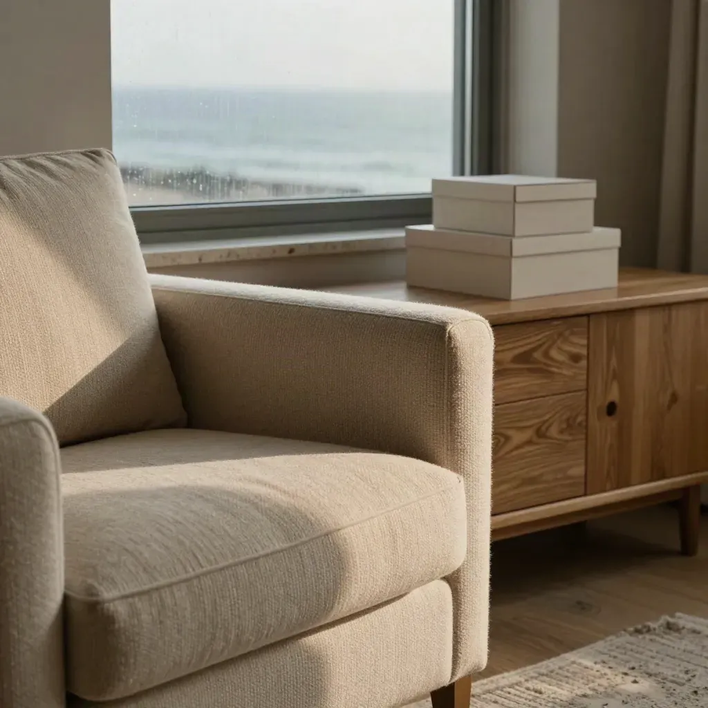Extreme macro of a coastal retirement living room corner: wool chair, oak sideboard, storage boxes, harbor haze.