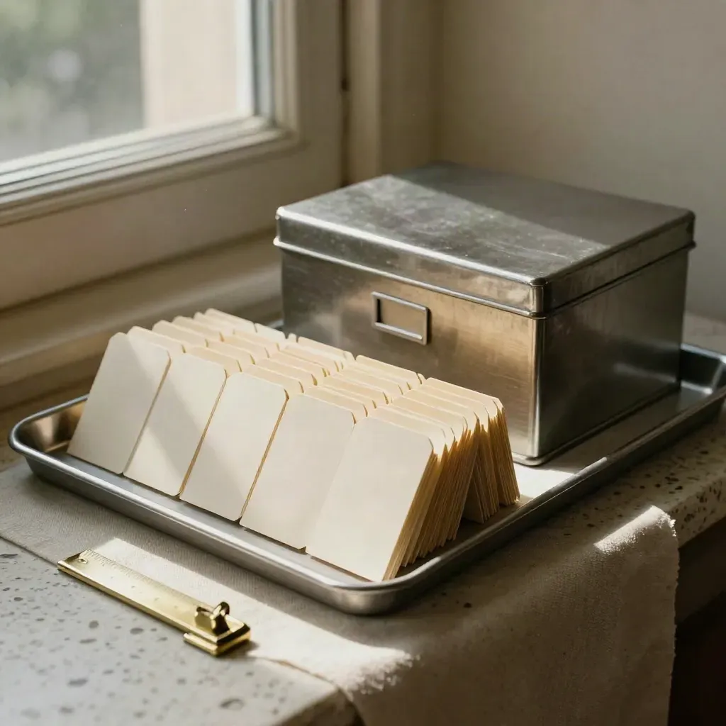 Fanned ivory tabs, metal filing box, and brass clip on a linen runner by a sunlit window.