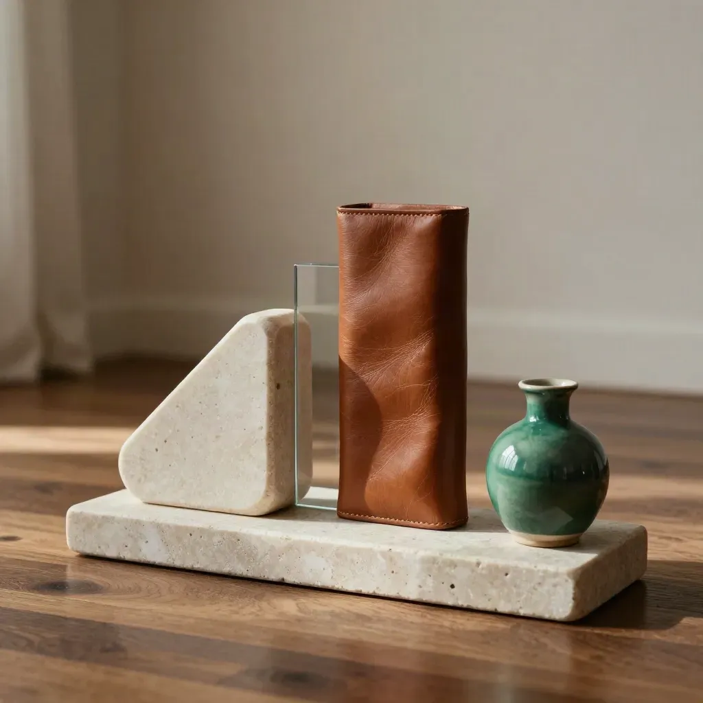 Stone, leather and glass blocks on a pale plinth with a small ceramic vessel in warm window light.