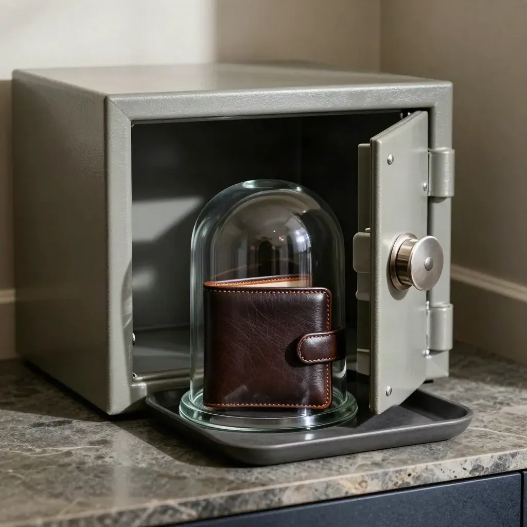 Glass cloche over a leather wallet beside a closing safe door on a graphite tray.