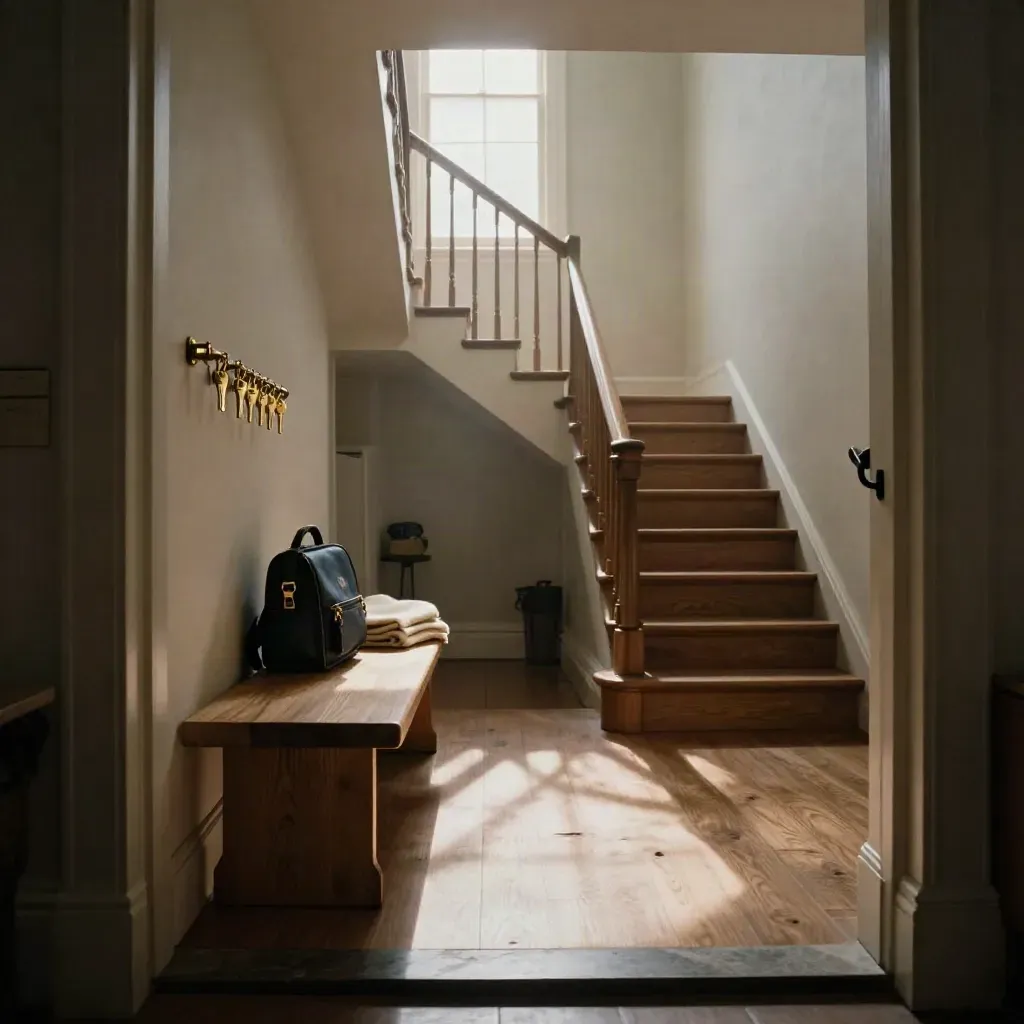 Finished brownstone entry hall with bench, keys, satchel, and bright stair landing.