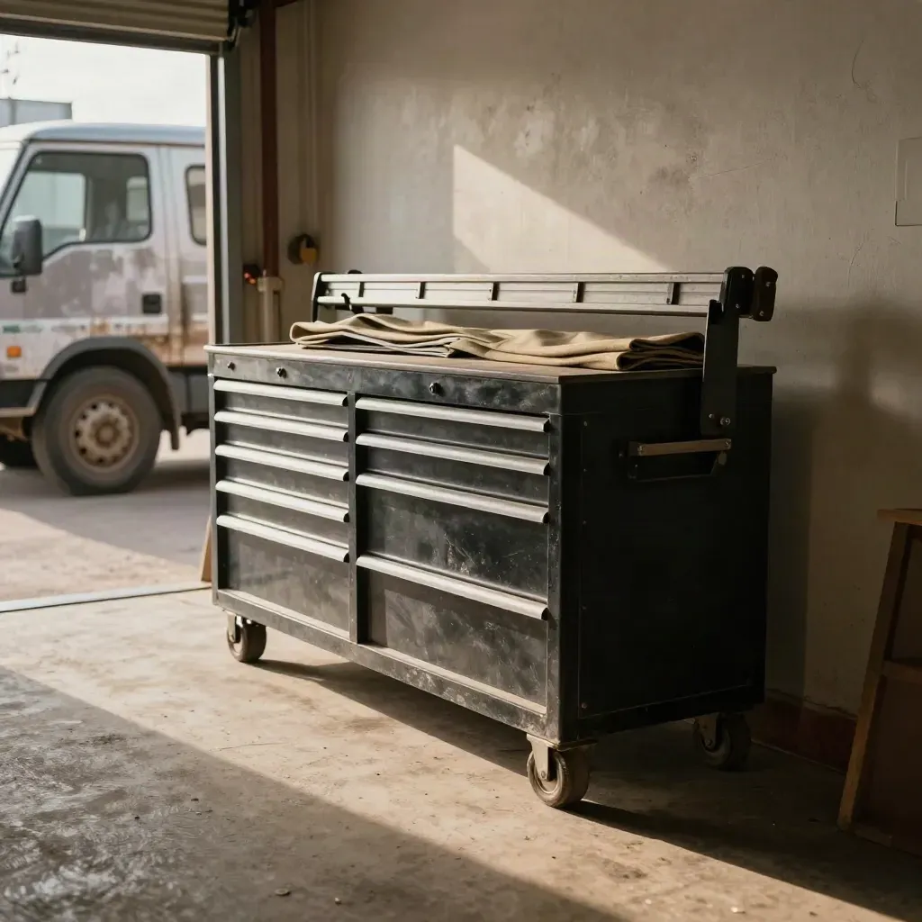 Empty builder workshop bay with tool chests, ladder rack, and a utility truck in late sun.
