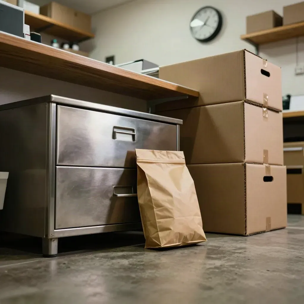 Backroom cash drawer, deposit pouch, crates and wall clock in a small shop after closing