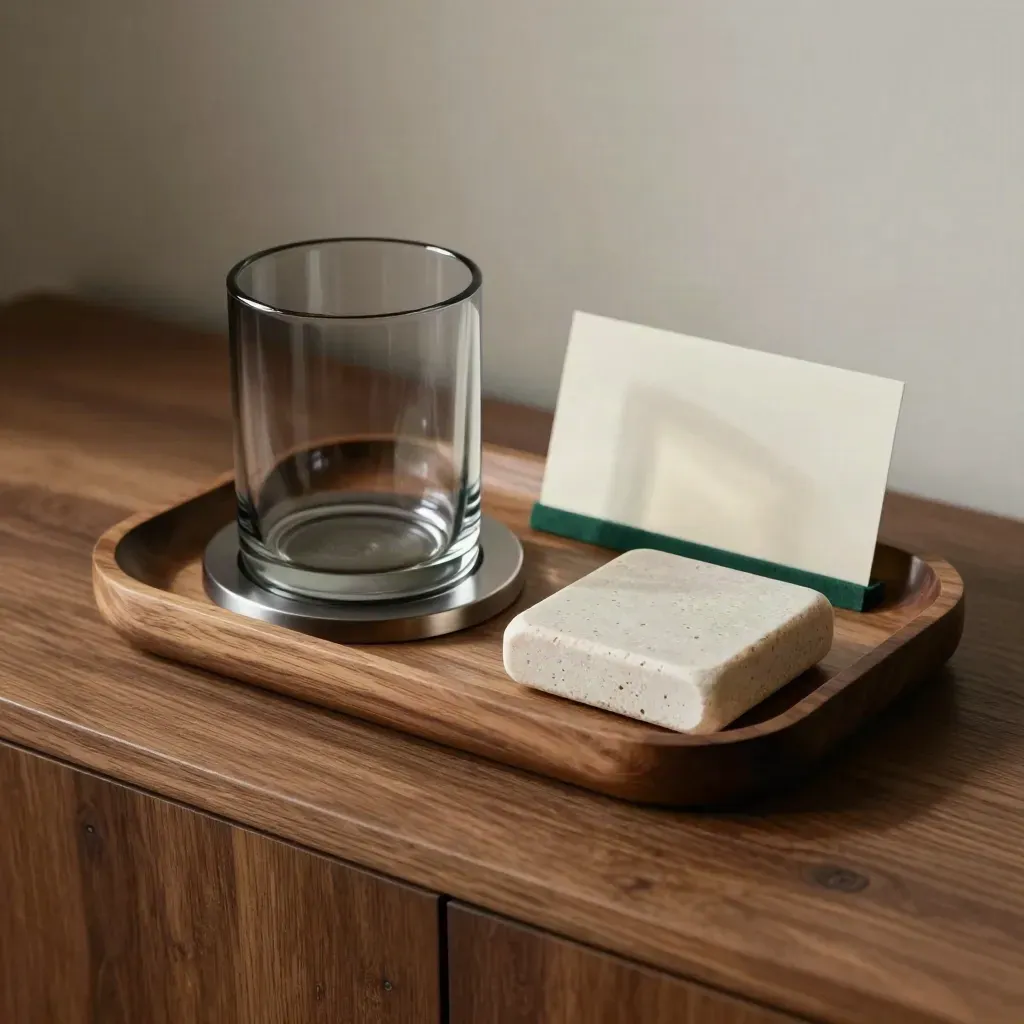 Three material samples in a shallow walnut tray, dramatic low-key wealth-management still life.