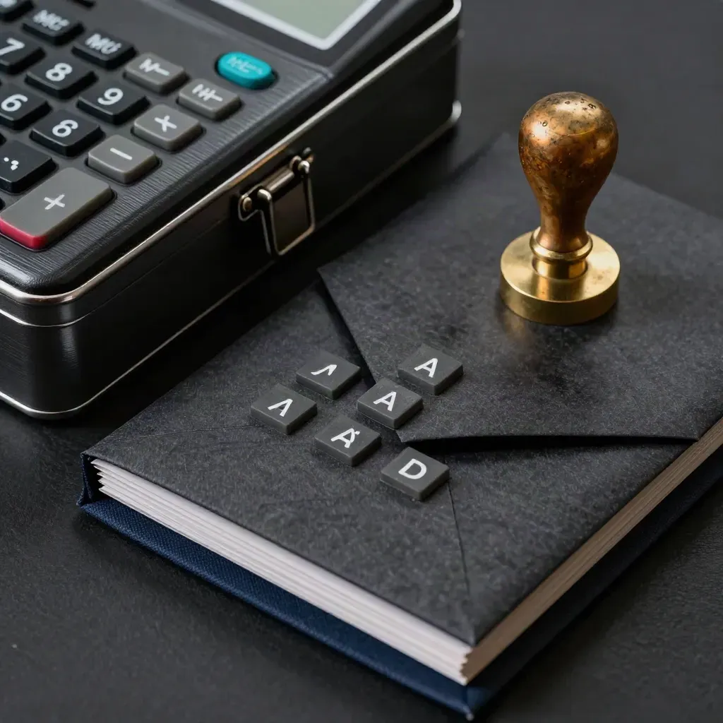 Overhead close-up of tax planning tools on charcoal linen with brass, steel and navy accents.