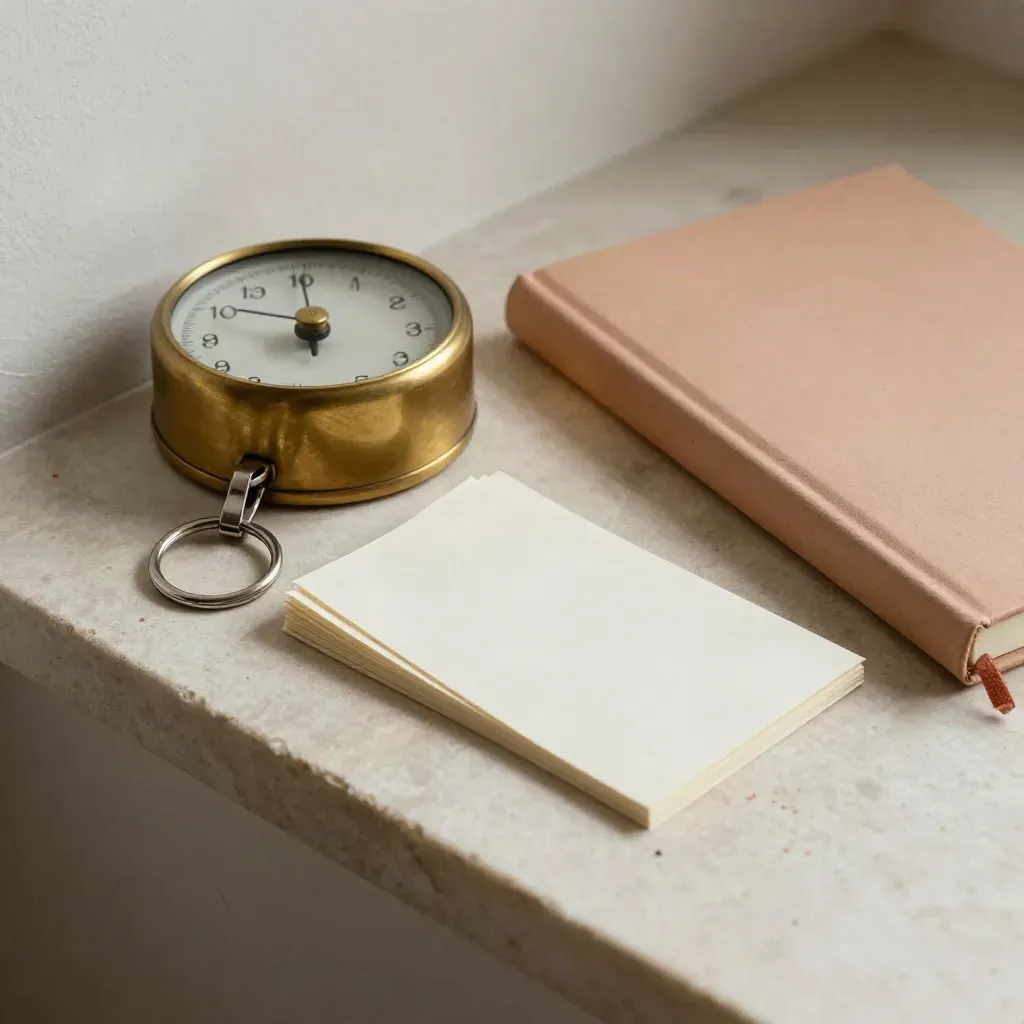 Brass timer, key ring, cream cards, and closed notebook on pale stone in soft daylight.