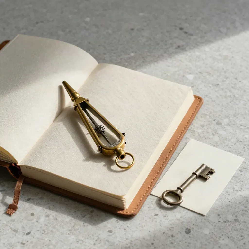 Brass compass, house key and linen journal on travertine with soft daylight.