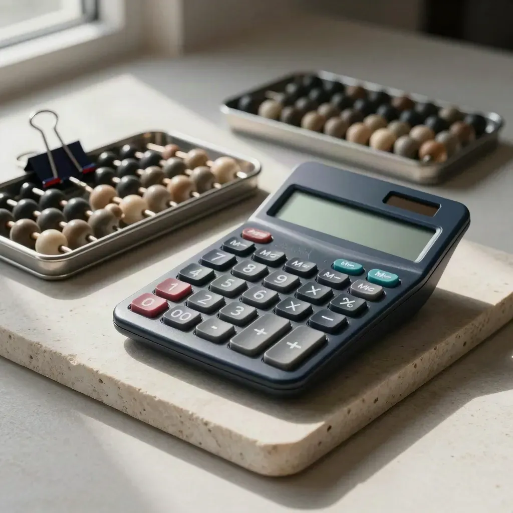 Calculator, bead tray, and binder clip on pale stone in soft side light.