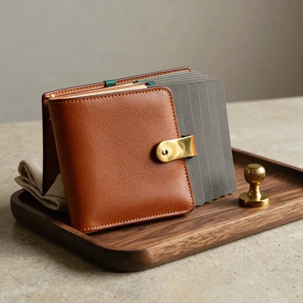 Leather folio, divider cards, brass clip and wax stamp on walnut tray, lit softly from one side.