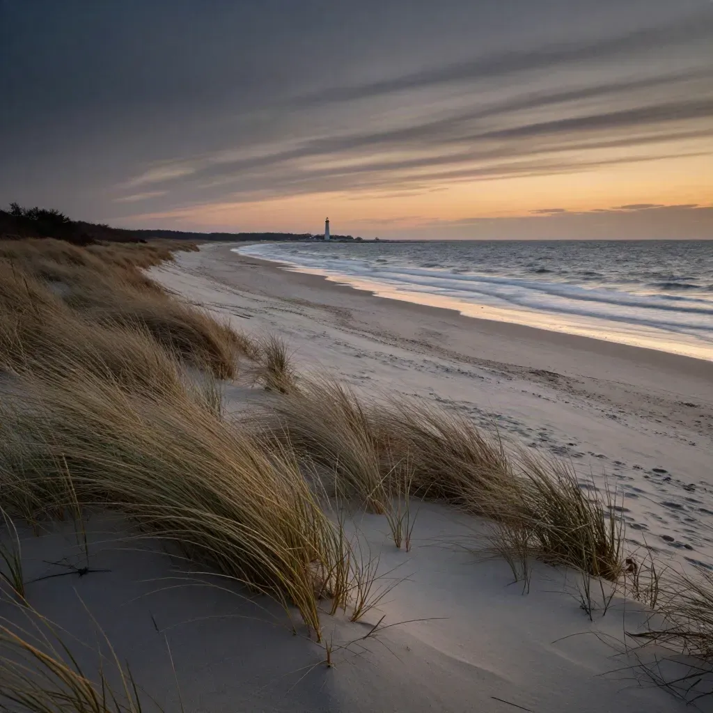 Long Island dunes, pale surf, and a distant lighthouse in warm haze