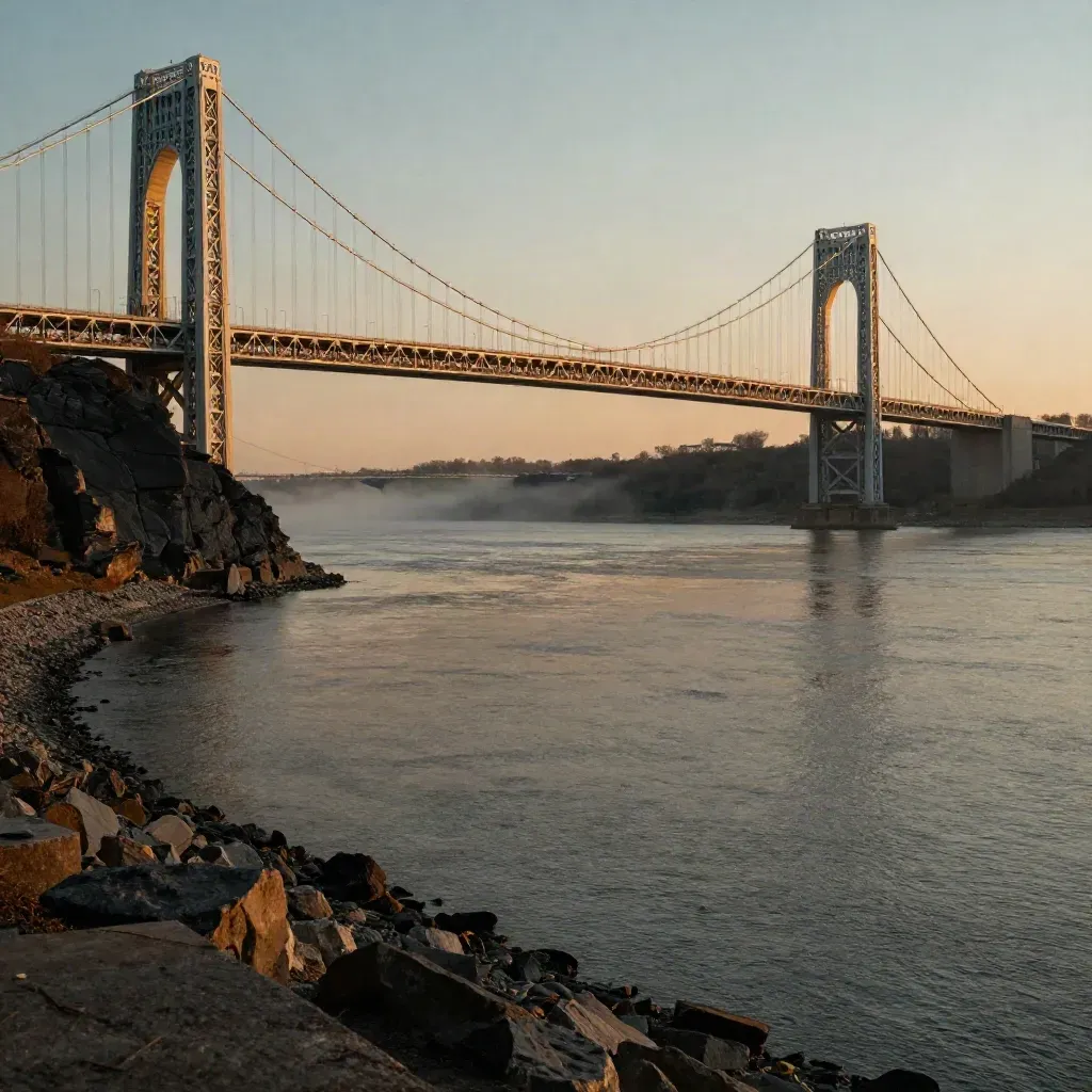 George Washington Bridge above the Hudson with the Palisades at golden hour