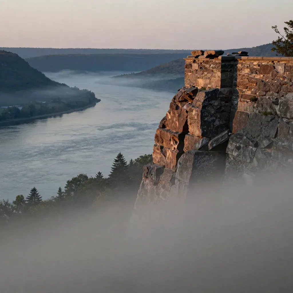 Hudson River bend with stone overlook, blue ridgelines, and heavy evening haze