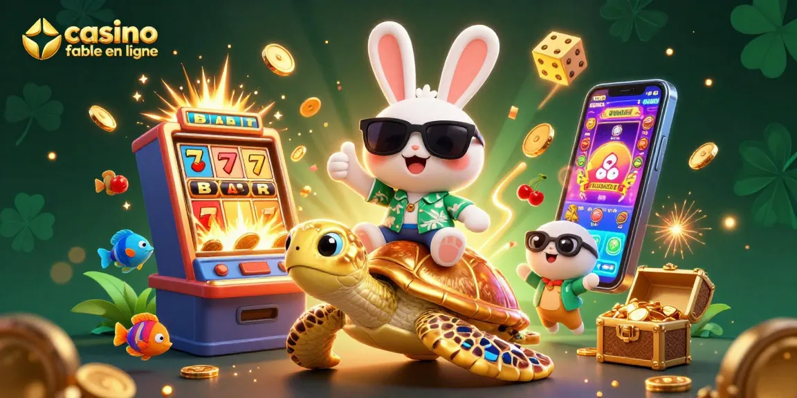 Découvrez un casino fiable en ligne avec un lapin chanceux et une tortue géante, entourés de machines à sous et de trésors.