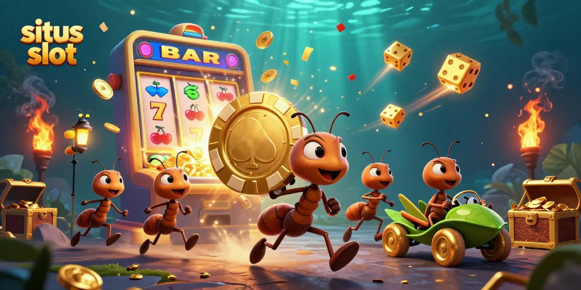 Experience the thrill of situs slot games as ants heist a massive golden poker chip in a vibrant casino world.