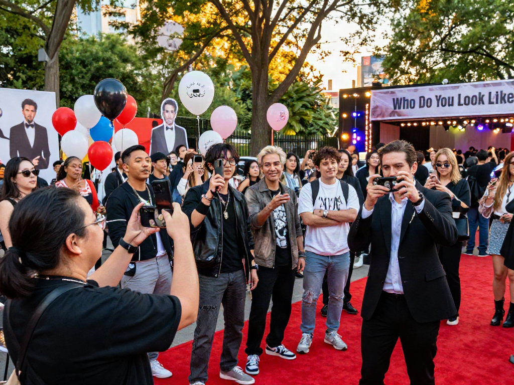 Celebrities look alike event featuring diverse guests joyfully posing for selfies.