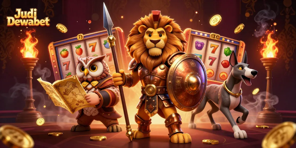 Join the thrilling action of Judi Dewabet with a heroic Spartan lion and dynamic casino elements.