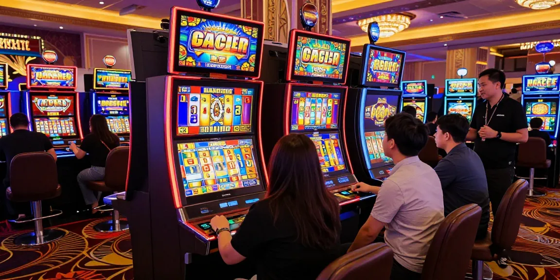 Slot gacor yang menarik dengan pemain di mesin slot dan suasana kasino yang meriah.