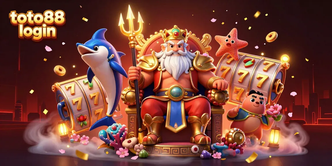 Play and win with toto88 login at a vibrant, bustling online slot casino scene featuring characters and symbols.