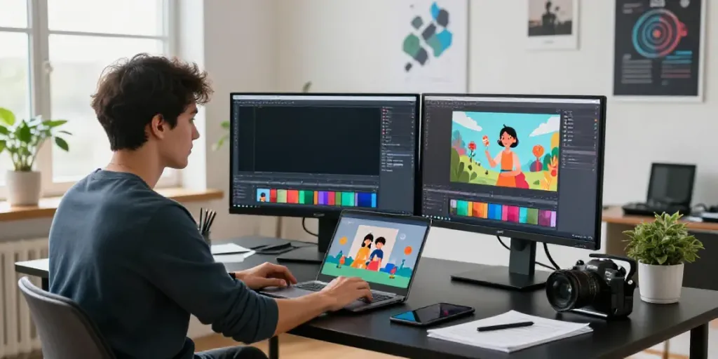 AI animated video generator pricing analysis in a modern workspace with dual monitors and design assets.