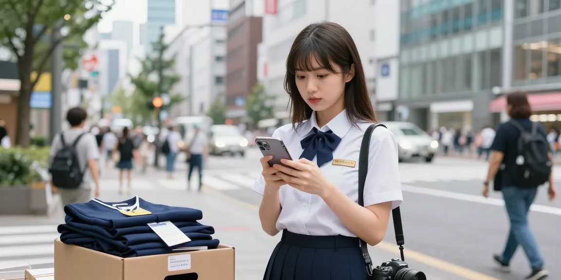 制服買取ラミパスの口コミを確認する女性の街中の風景
