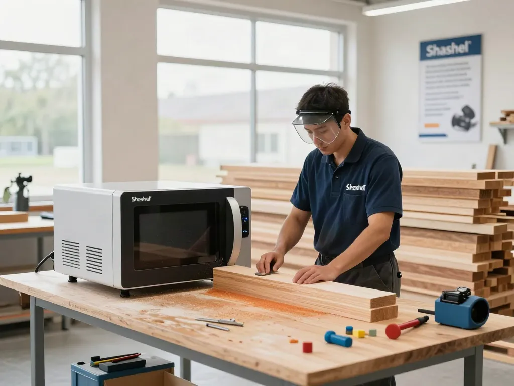 Shashel® microwave equipment eliminating wood-boring insects in a professional workshop setting.
