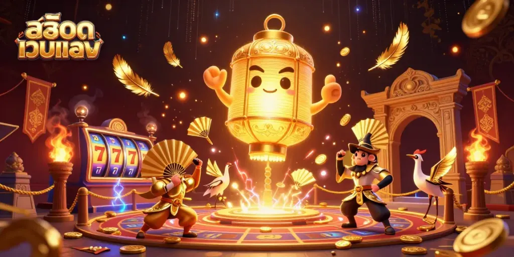 เล่นเกมสล็อตเว็บตรงโดยมีสัญลักษณ์แห่งโชคลาภและการเฉลิมฉลองในภาพประกอบ 3D