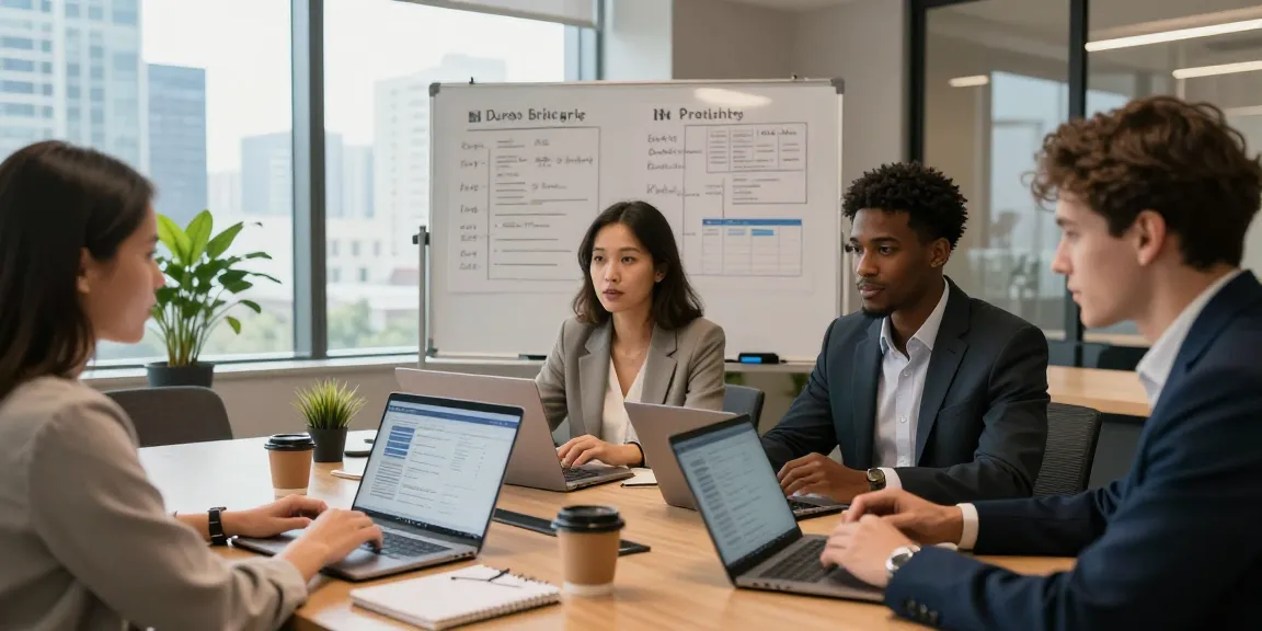 Engaged team collaborating on the hospitality hiring and staffing guide, discussing candidate profiles in a modern hotel conference room.