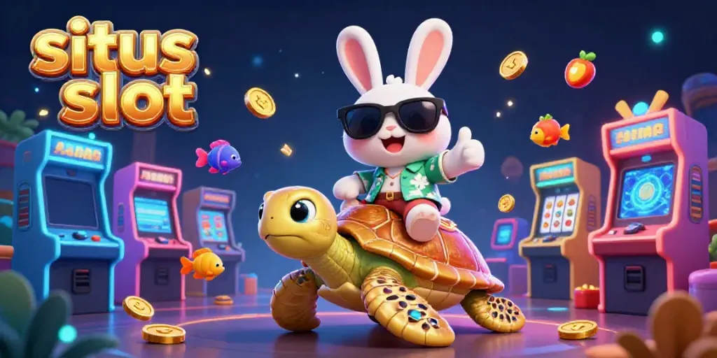 Experience situs slot excitement with a lucky rabbit and golden sea turtle amidst colorful slot elements.