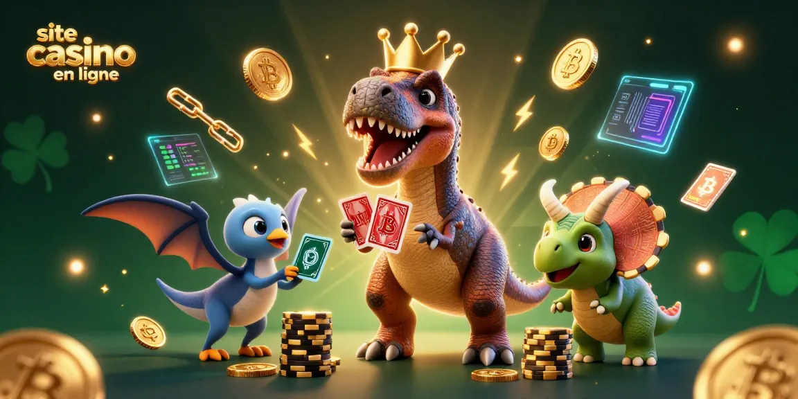 Jouez sur un site casino en ligne avec un T-Rex distribuant des cartes entouré d'éléments de jeu innovants.