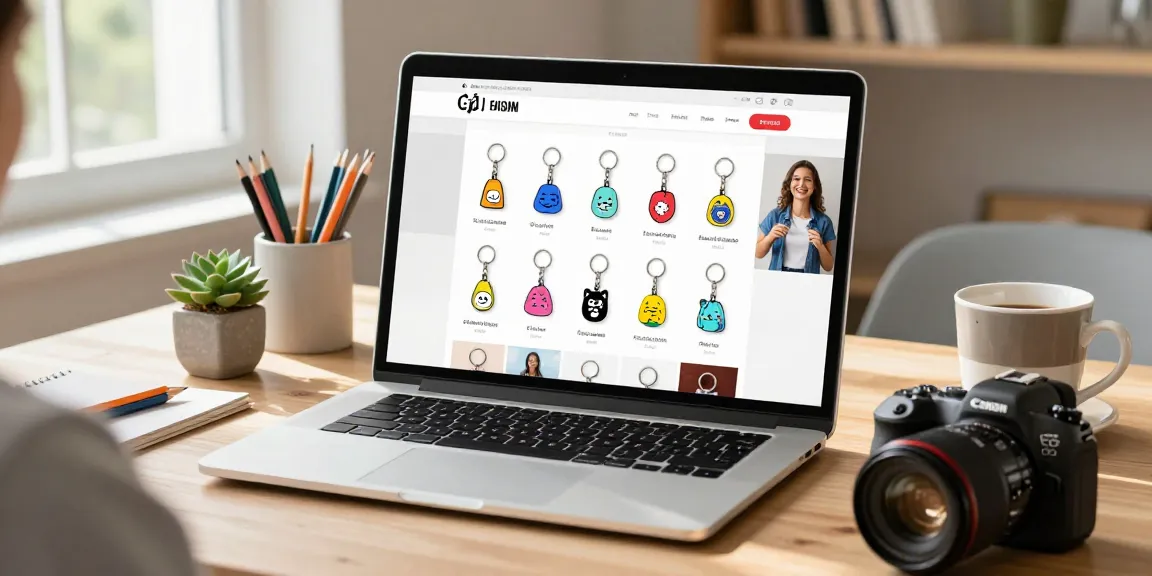 Shop personalized keychains on a modern website showcasing colorful designs and unique customization options.