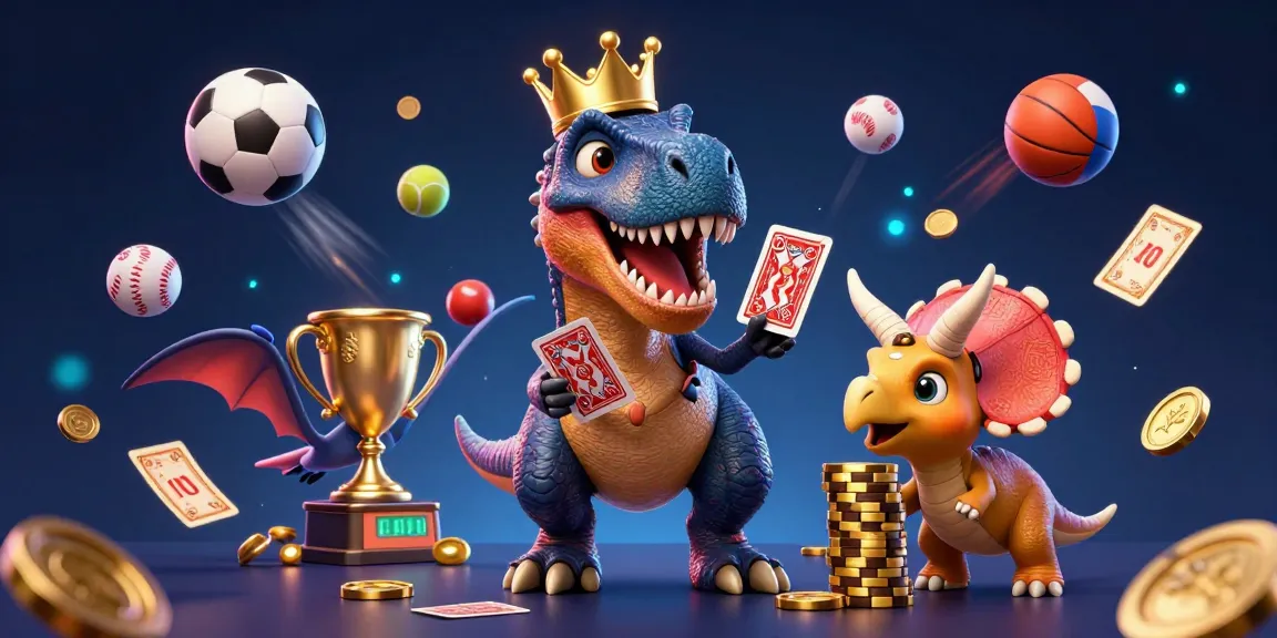 UG88 features a charming T-Rex shuffling cards and a triceratops stacking chips, casting excitement in a dynamic casino scene.
