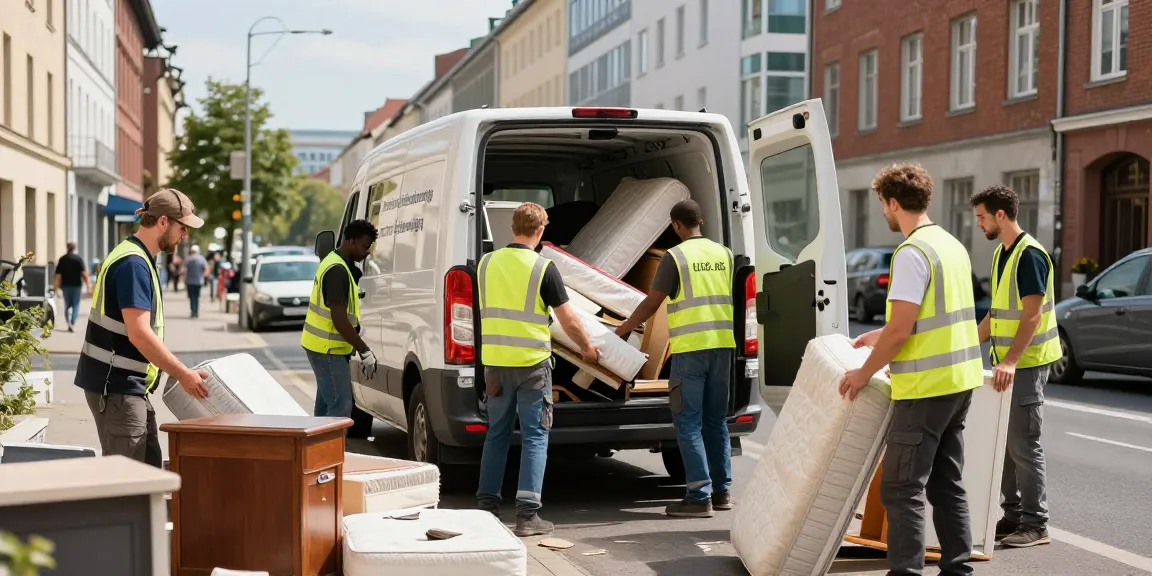 Sperrmüllabholung 80 Euro Berlin team efficiently removing furniture, highlighting fast and reliable waste disposal in urban environment.