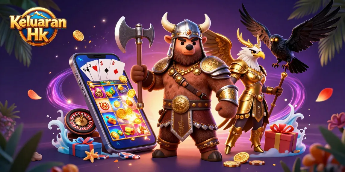 Keluaran Hk showcases thrilling slot games with captivating Viking and eagle characters, surrounded by casino elements.