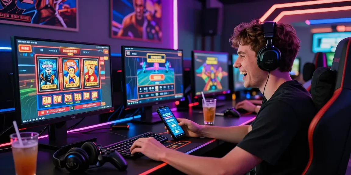 Engaging young adult at gaming setup highlighting hero138 link for online betting access amidst vibrant ambiance.