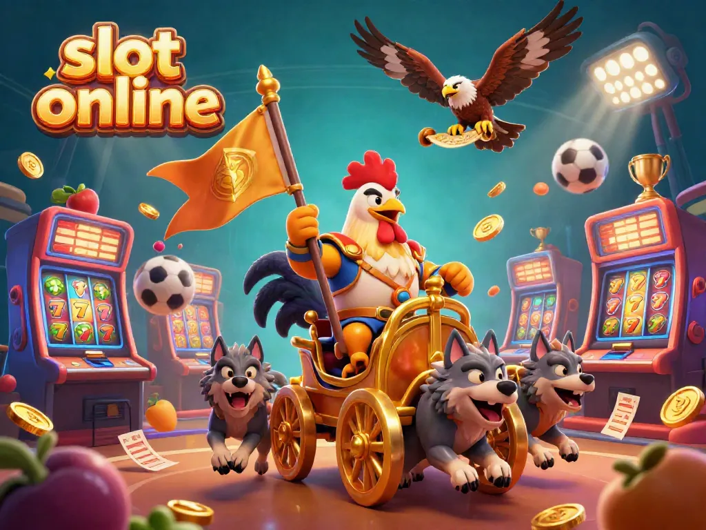 Slot online yang menarik diatur dengan elemen kasino, termasuk simbol buah dan uang emas.
