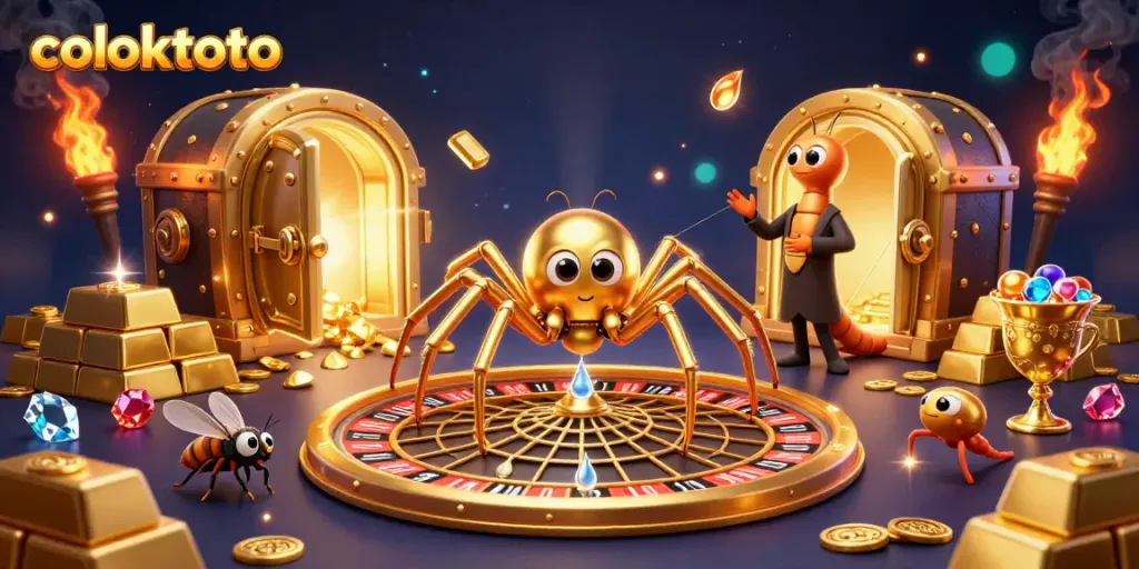 Ilustrasi 3D unik coloktoto dengan laba-laba emas dan roda roulette di latar belakang terang.