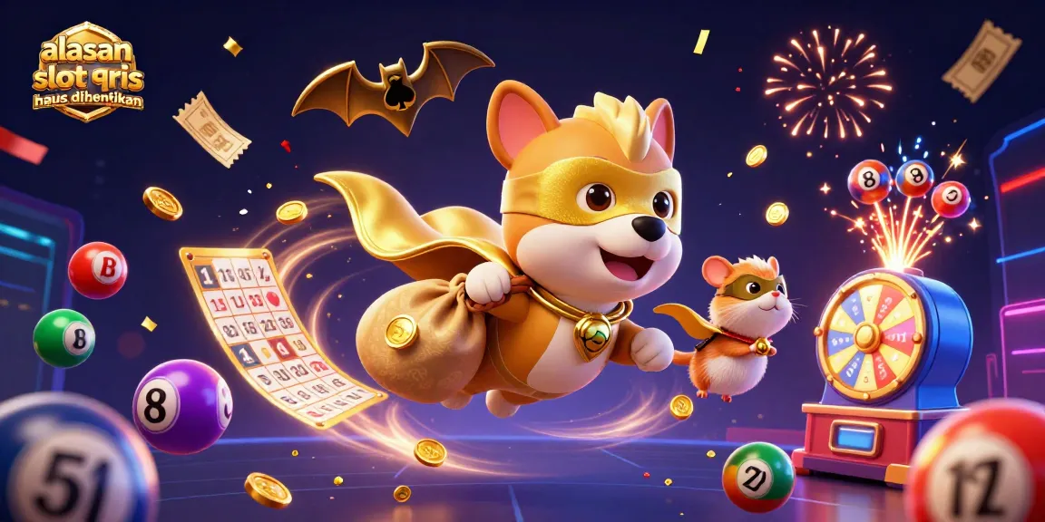 Illustration emphasizing why alasan slot qris harus dihentikan, featuring a superhero dog symbolizing the fight against online gambling.