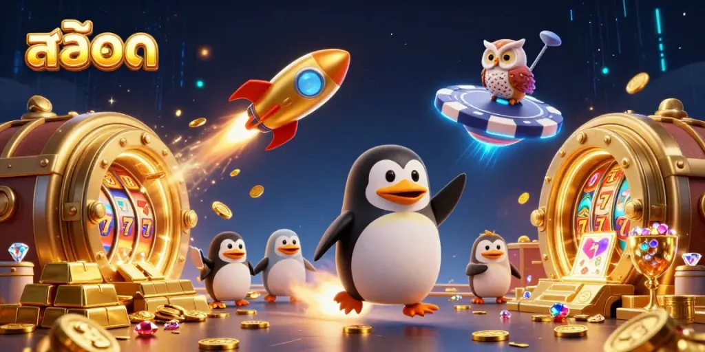 Spin the reels with สล็อต as a golden penguin ventures through a dazzling casino universe.