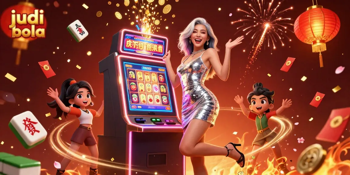 Experience judi bola excitement with a celebratory woman at a jackpot slot, surrounded by festive casino elements.